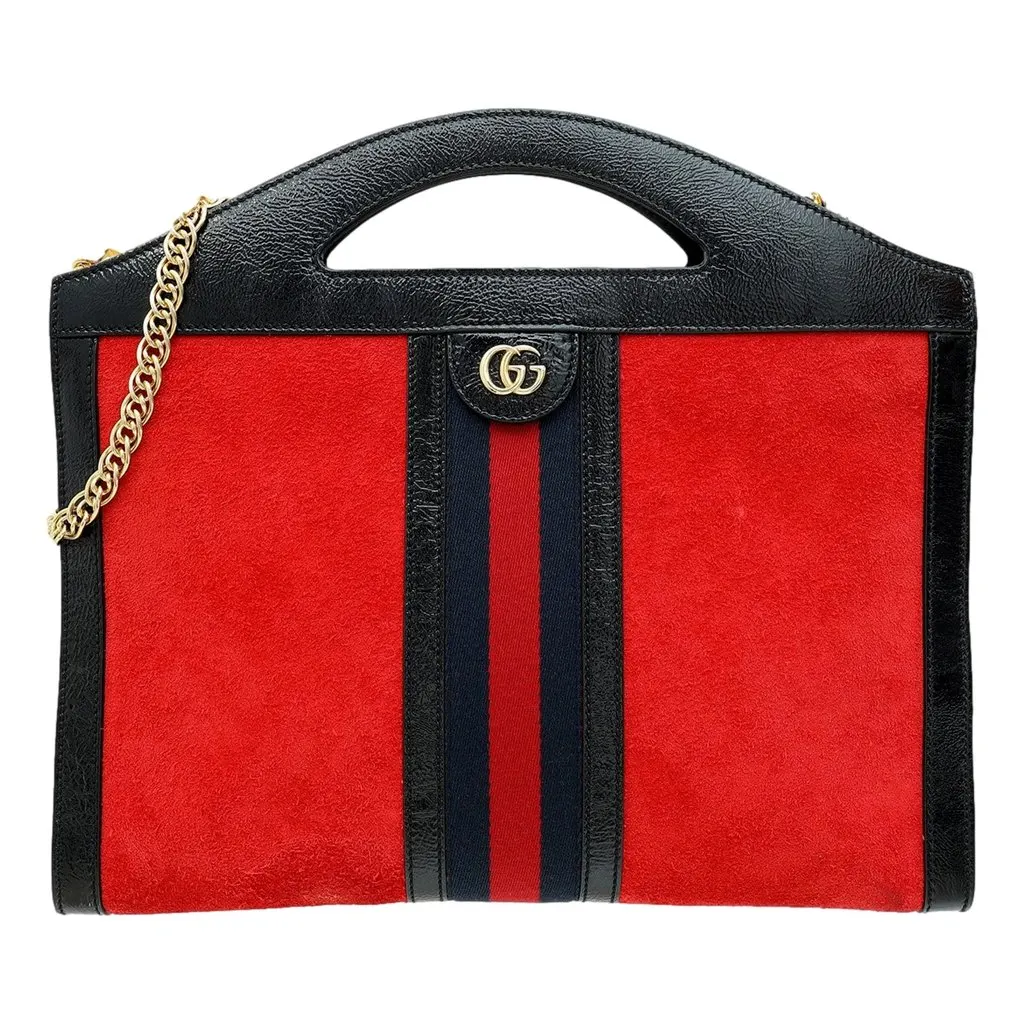 Gucci Ophidia Bicolor Red Suede Black Leather Slip Handle Tote Bag Red Suede Good - Front View