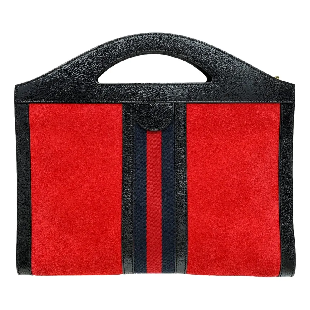 Gucci Ophidia Bicolor Red Suede Black Leather Slip Handle Tote Bag Red Suede Good - Back View