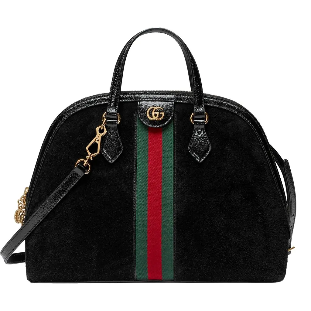 Gucci Ophidia Dome Black Suede Web Stripe Top Handle Satchel Black Suede Good - Front View