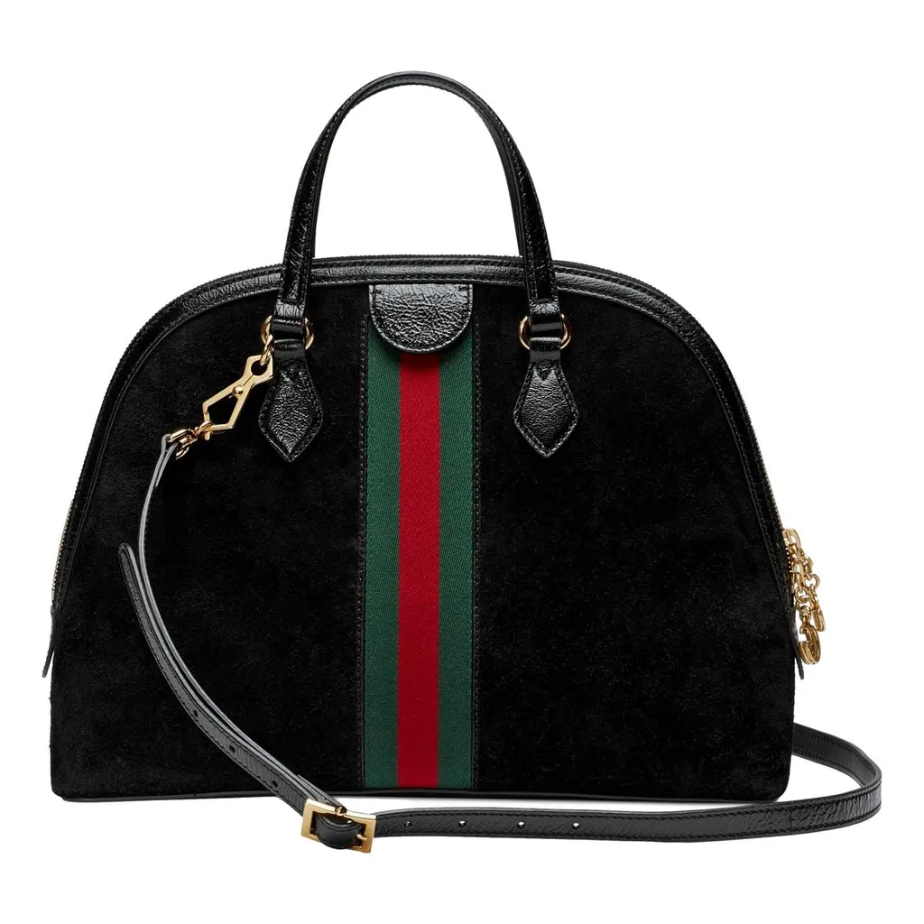 Gucci Ophidia Dome Black Suede Web Stripe Top Handle Satchel Black Suede Good - Back View