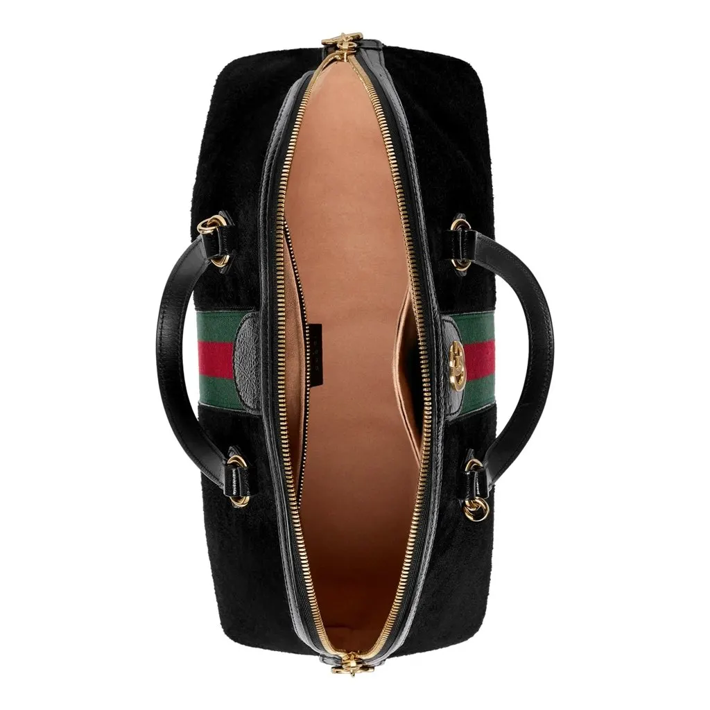 Gucci Ophidia Dome Black Suede Web Stripe Top Handle Satchel Black Suede Good - Inside View