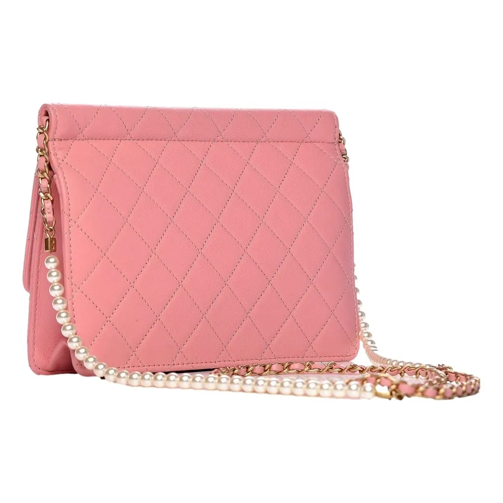 Chanel Pink Quilted Lambksin Pearl Chain Crossbody Handbag Pink Leather Good - Back View