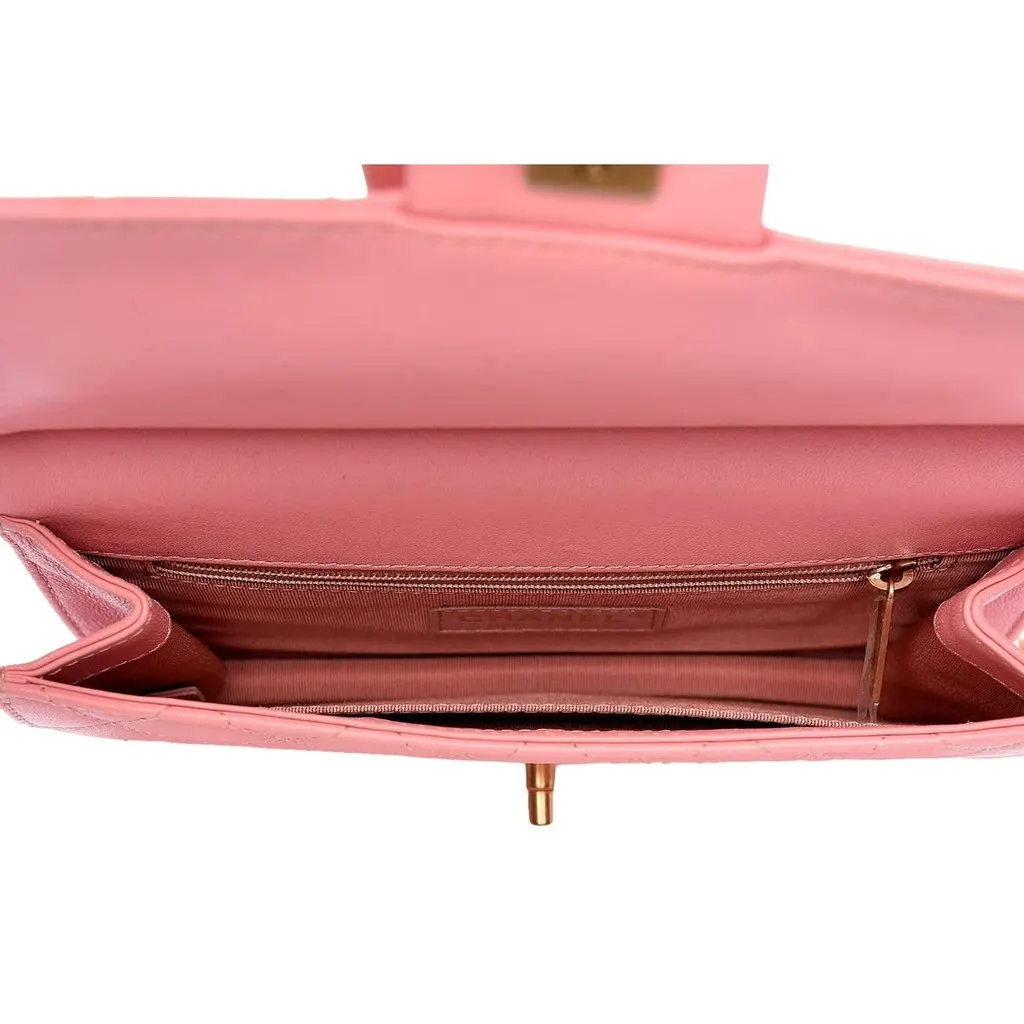 Chanel Pink Quilted Lambksin Pearl Chain Crossbody Handbag Pink Leather Good - Inside View