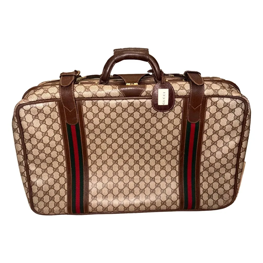 Gucci Vintage GG Monogram Canvas Travel Suitcase with Web Stripe and Leather Trim Brown Leather Good - Front View