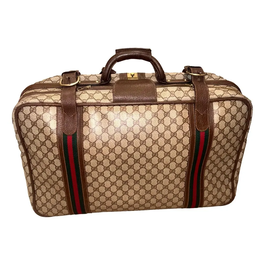 Gucci Vintage GG Monogram Canvas Travel Suitcase with Web Stripe and Leather Trim Brown Leather Good - Back View