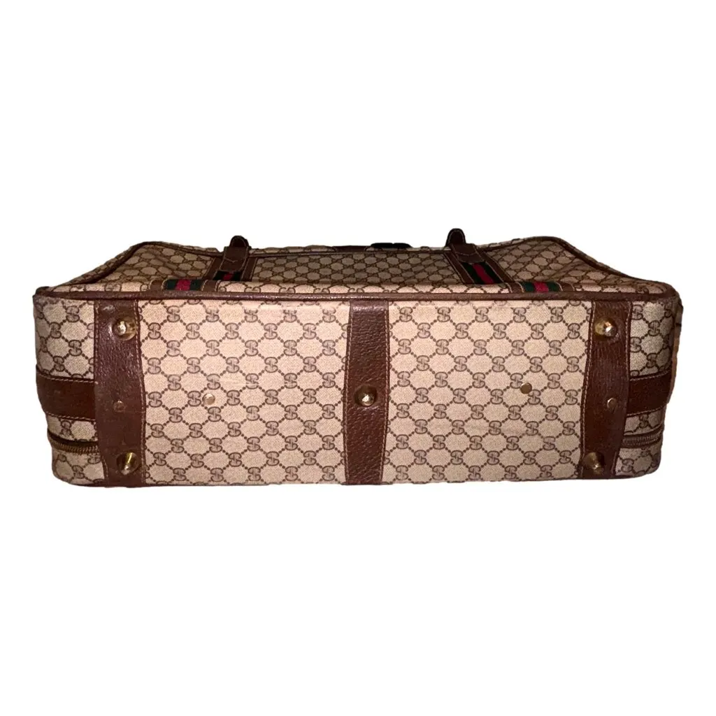 Gucci Vintage GG Monogram Canvas Travel Suitcase with Web Stripe and Leather Trim Brown Leather Good - Inside View