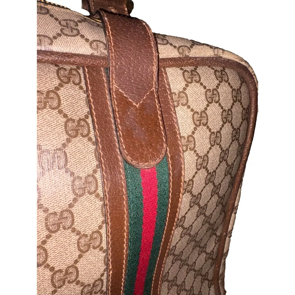 Gucci Vintage GG Monogram Canvas Travel Suitcase with Web Stripe and Leather Trim Brown Leather Good - Box View