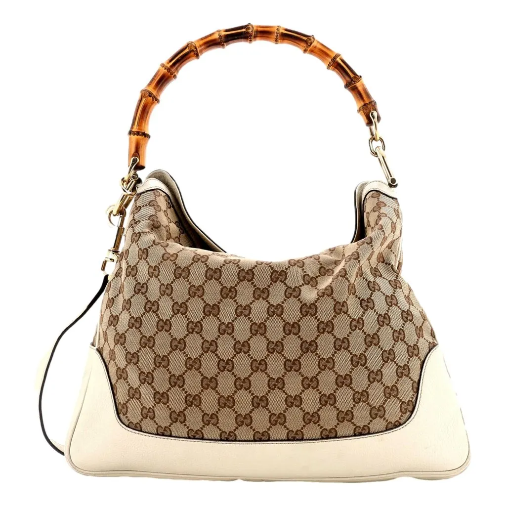 Gucci Diana Bamboo GG Canvas Medium Shoulder Bag White Leather White Leather Good - Front View