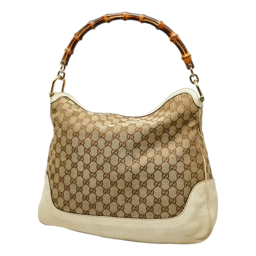 Gucci Diana Bamboo GG Canvas Medium Shoulder Bag White Leather White Leather Good - Back View