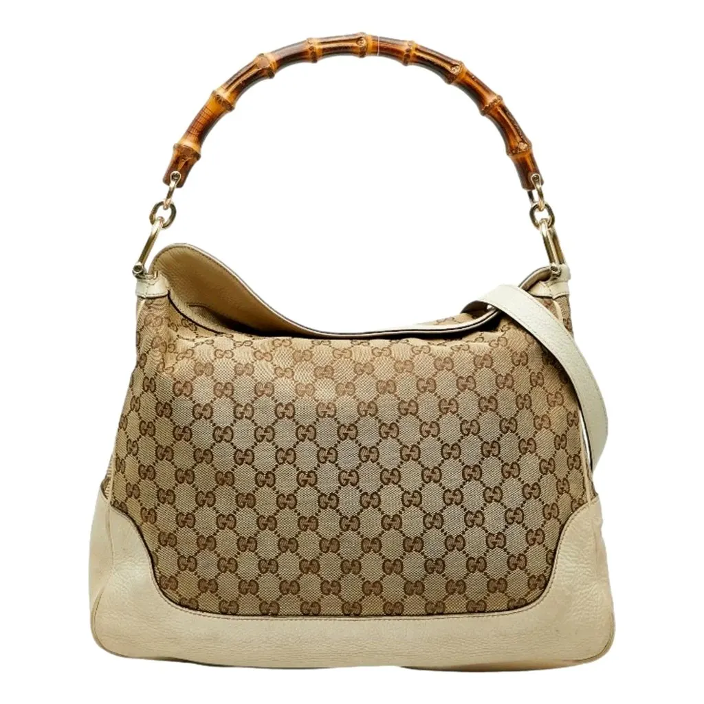 Gucci Diana Bamboo GG Canvas Medium Shoulder Bag White Leather White Leather Good - Inside View