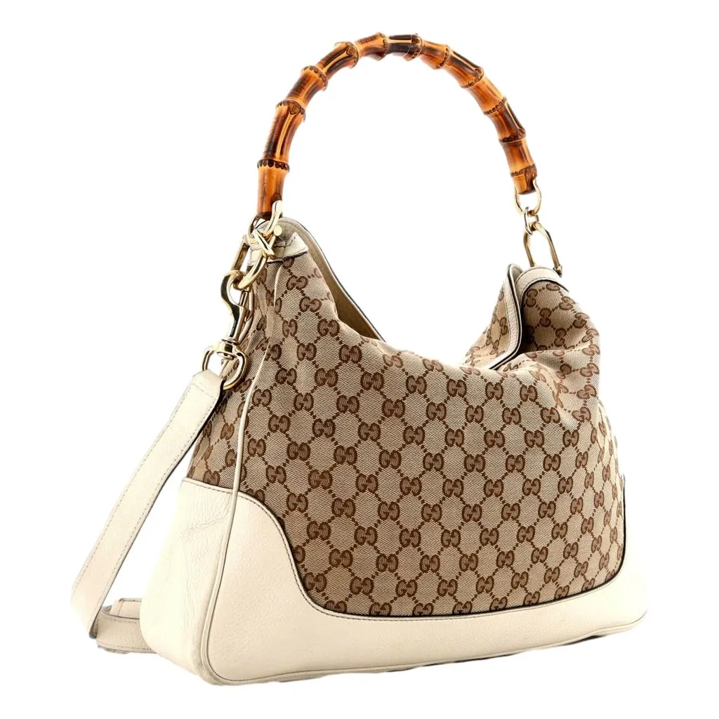 Gucci Diana Bamboo GG Canvas Medium Shoulder Bag White Leather White Leather Good - Model View