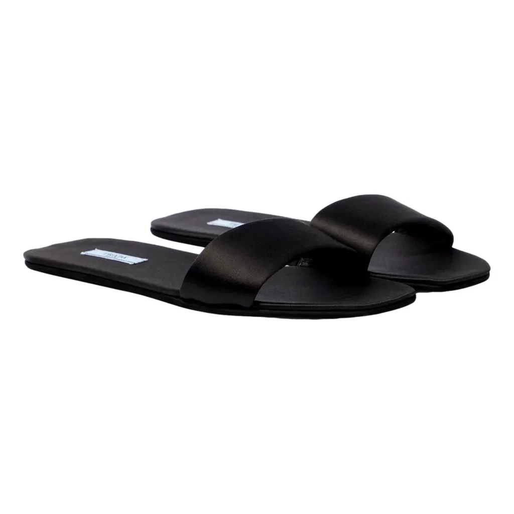 Prada Black Silk Satin Slides with Matching Travel Case Holder Black Satin Never worn - Front View