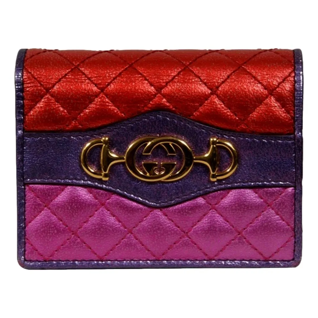 Gucci Zumi Nappa Trapunata Quilted Card Case Wallet Metallic Red Purple Red Leather Good - Front View