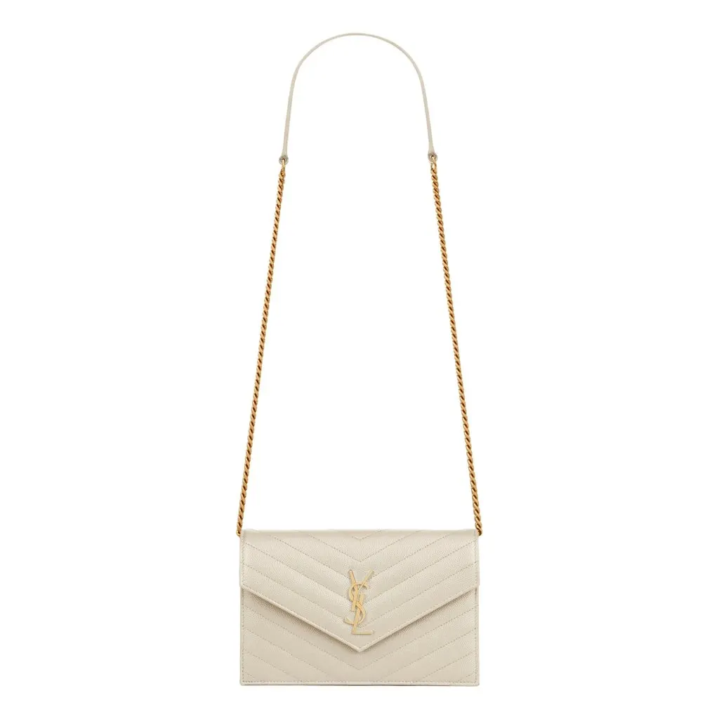 Saint Laurent Cassandre Envelope Chain Wallet Crossbody Bag in Crema White White Leather Good - Front View