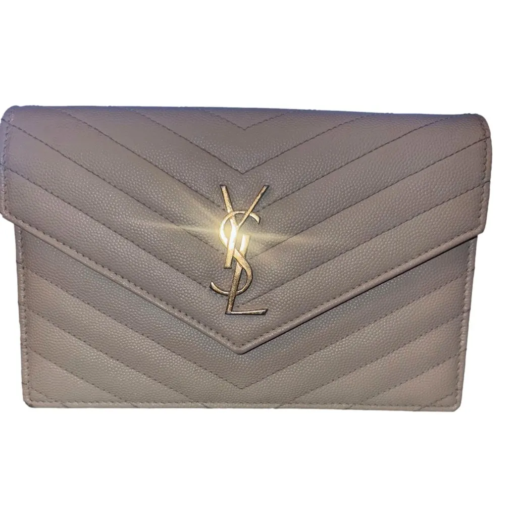 Saint Laurent Cassandre Envelope Chain Wallet Crossbody Bag in Crema White White Leather Good - Model View
