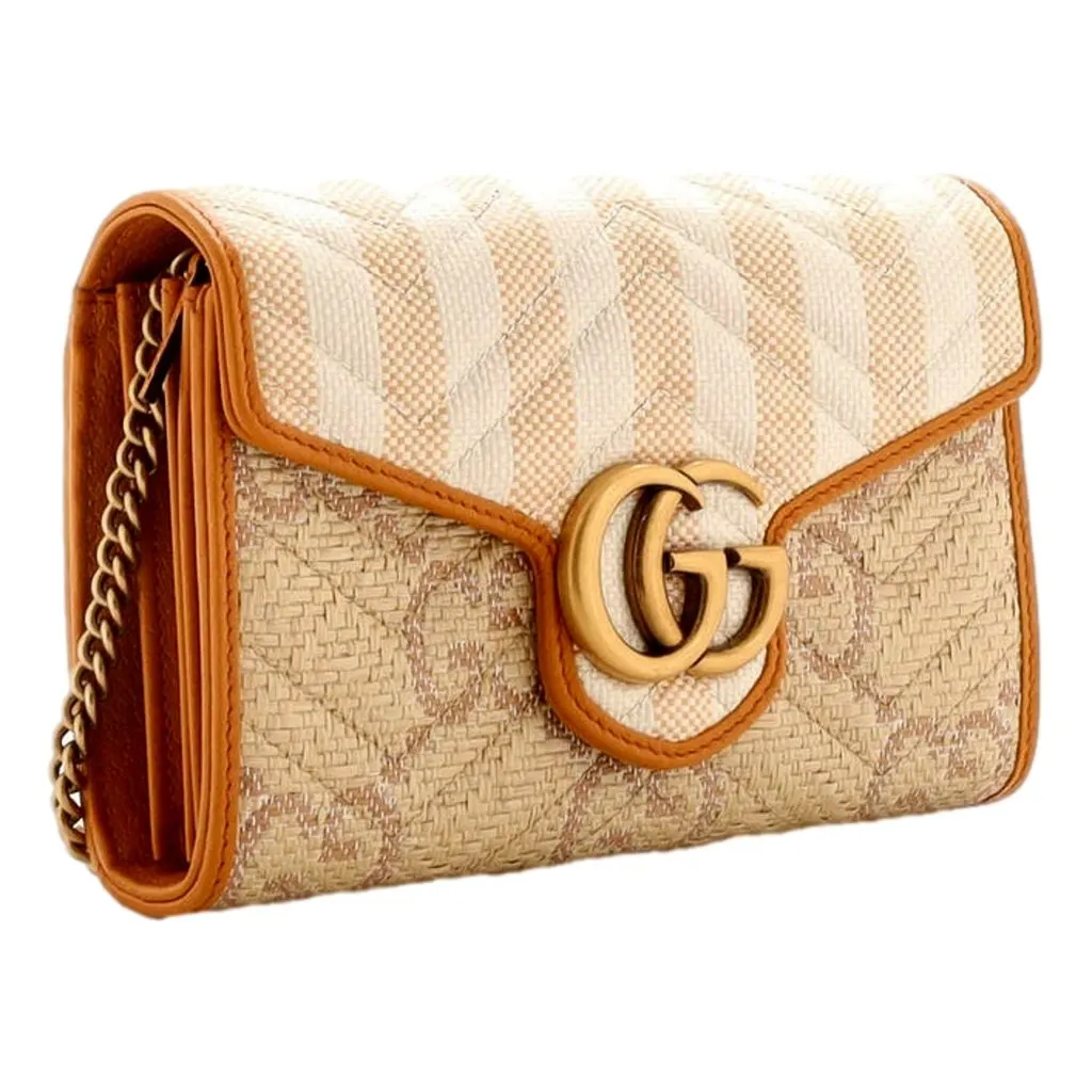 Gucci GG Marmont Raffia Wallet on Chain in Orange and Beige Orange Leather Good - Back View
