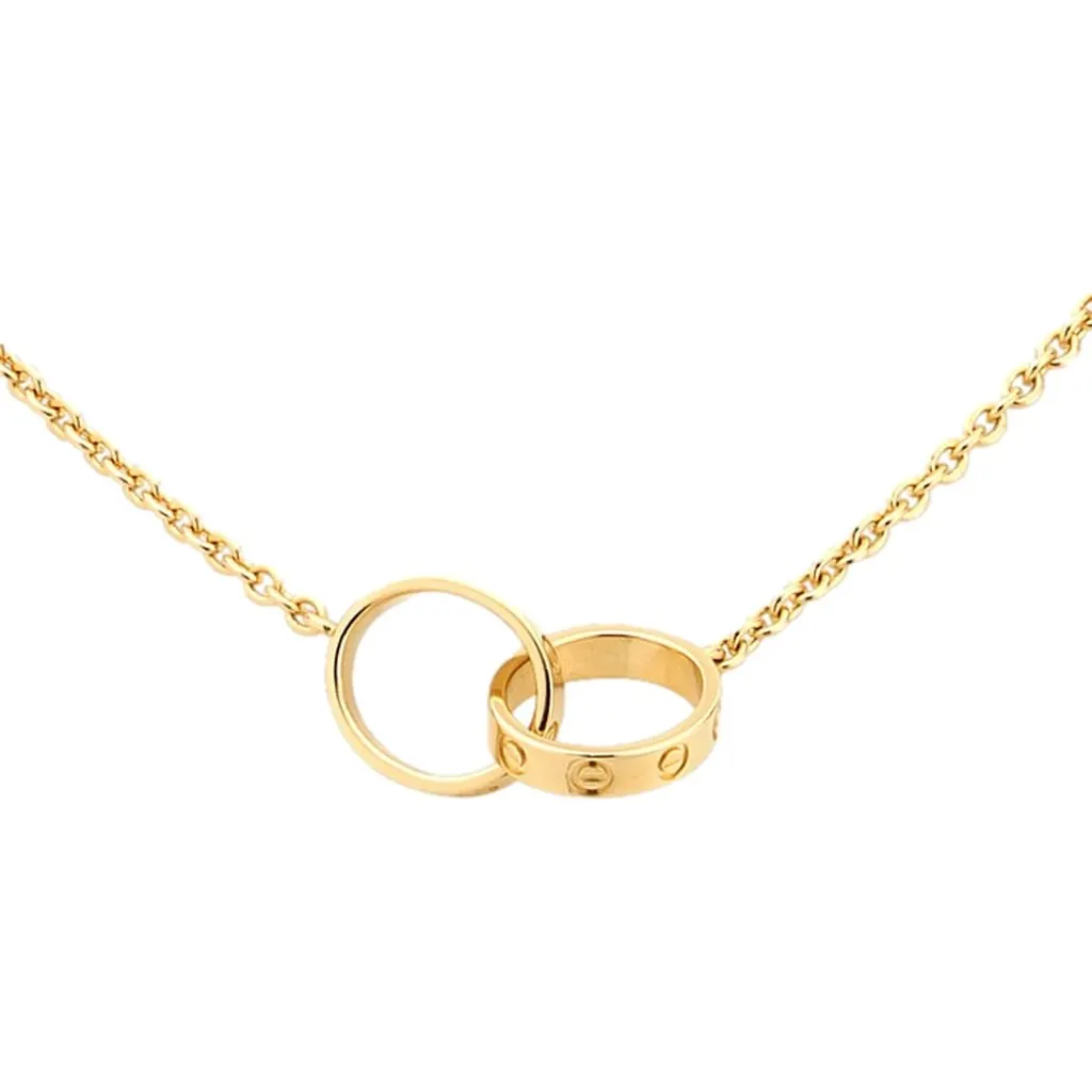 Cartier Love Pendant Interlocking Necklace 18k Yellow Gold Gold Lace Good - Front View