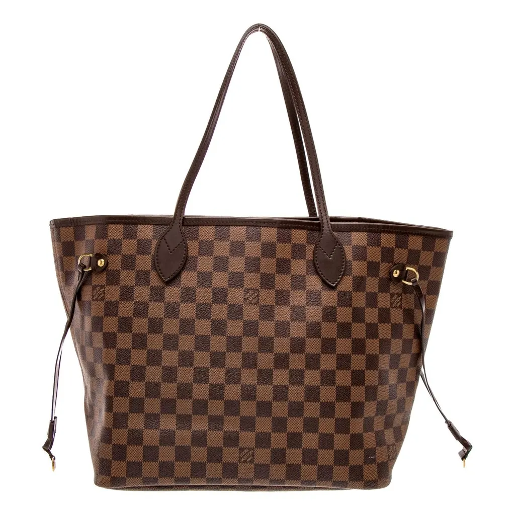 Louis Vuitton Neverfull MM Damier Ebene Tote Bag with Pouch Brown Canvas Good - Front View