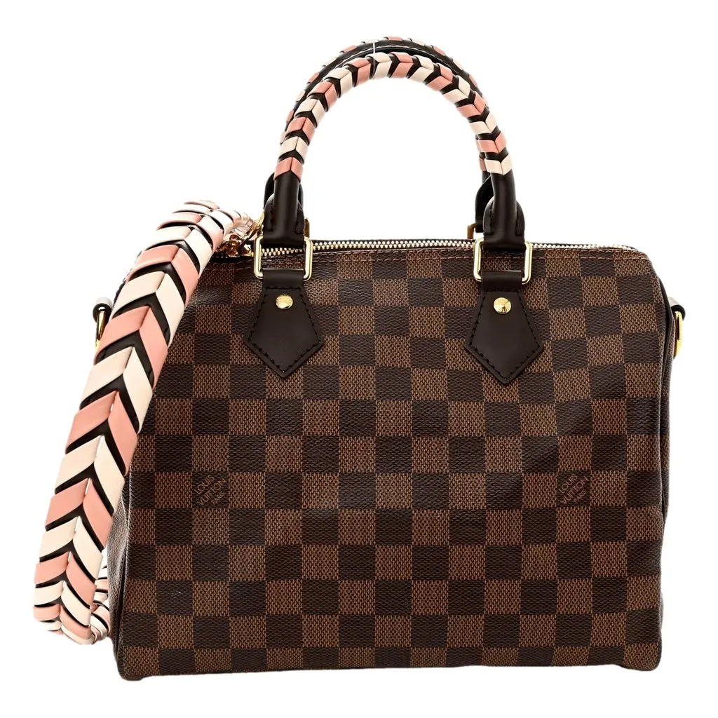 Louis Vuitton Damier Ebene Braided Speedy Bandouliere 25 Pink Brown Canvas Good - Front View