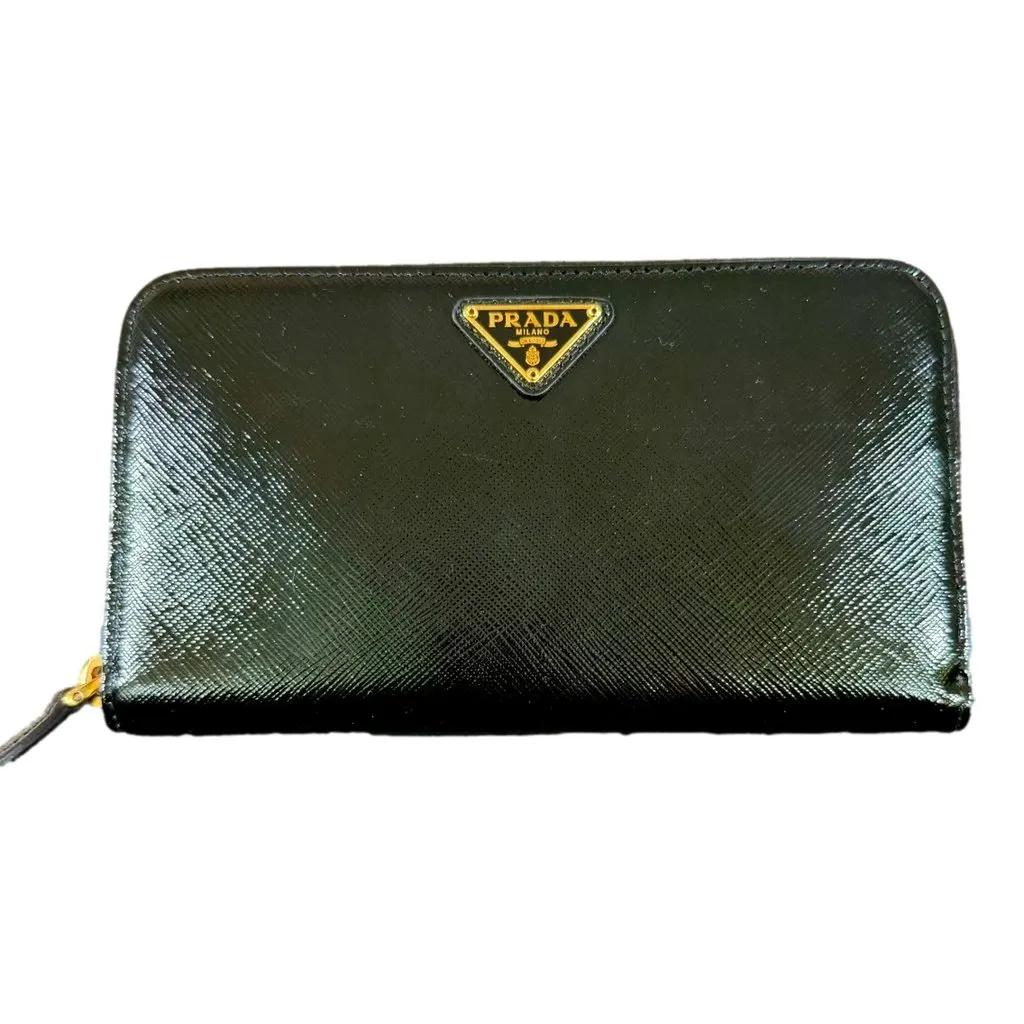 Prada Nero Black Saffiano Vernice Leather Zip Around Wallet Black Leather Good - Front View