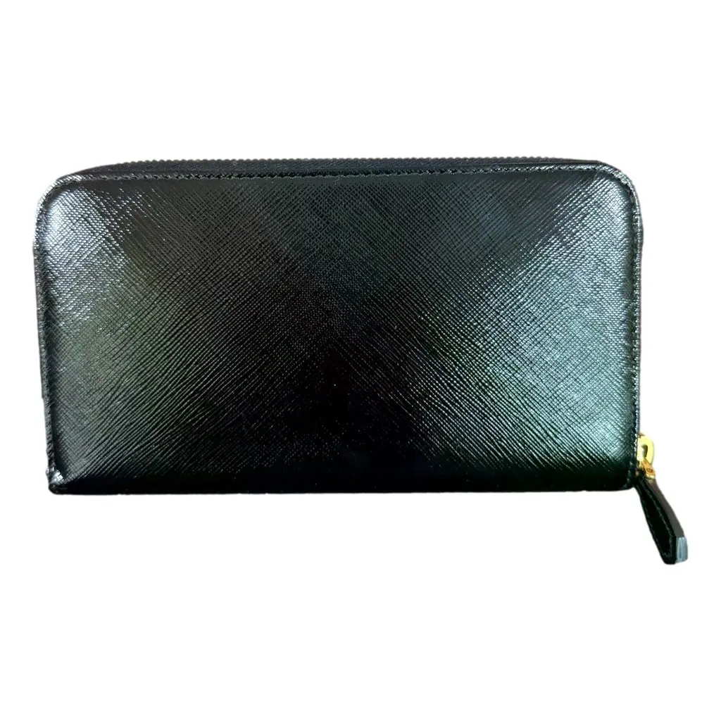 Prada Nero Black Saffiano Vernice Leather Zip Around Wallet Black Leather Good - Back View
