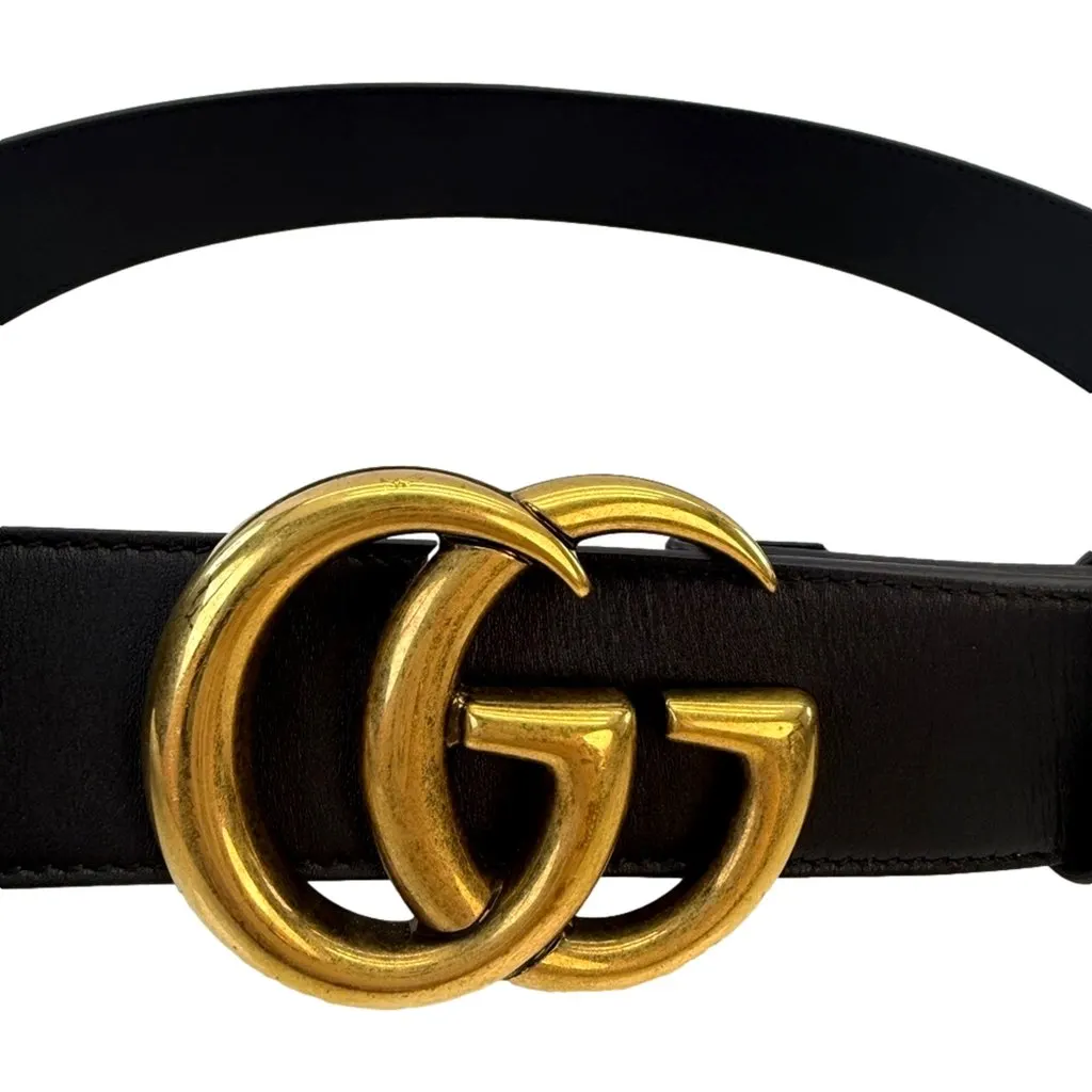 Gucci GG Marmont Wide Belt Black Leather with Antique Gold Double G Buckle Size 90/36 Black Leather Good - Inside View