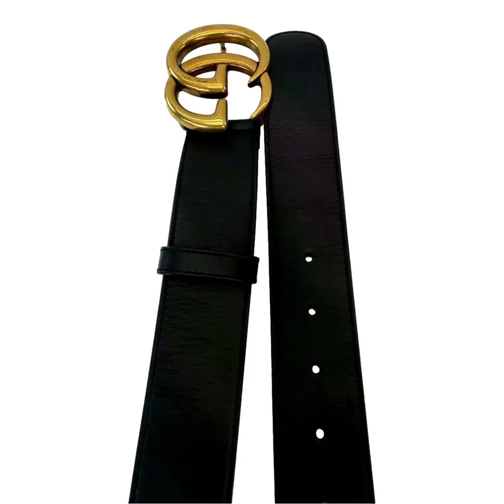 Gucci GG Marmont Wide Belt Black Leather with Antique Gold Double G Buckle Size 90/36 Black Leather Good - Model View