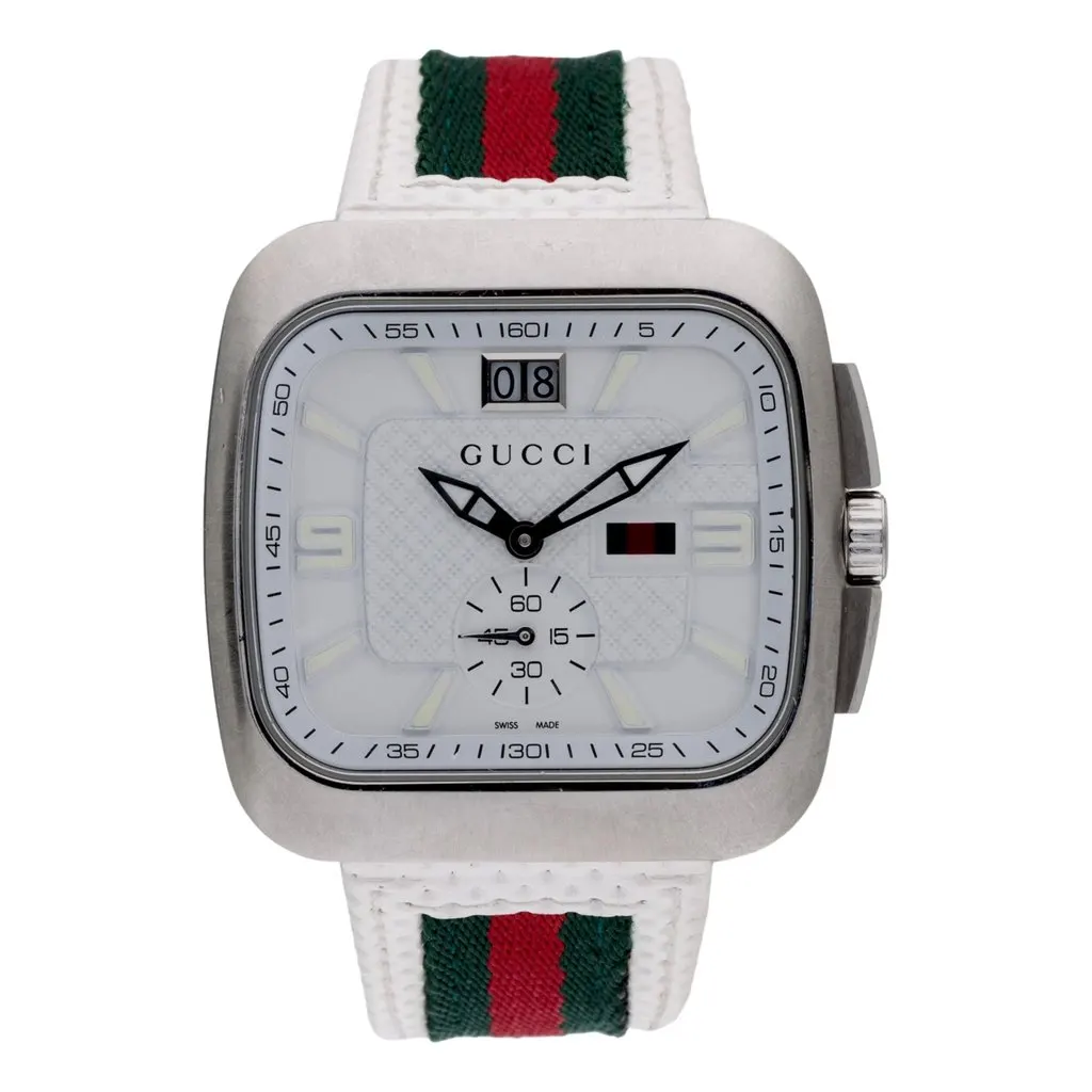 Gucci Coupe Watch YA131303 White Dial with Web Strap White Leather Never worn - Front View