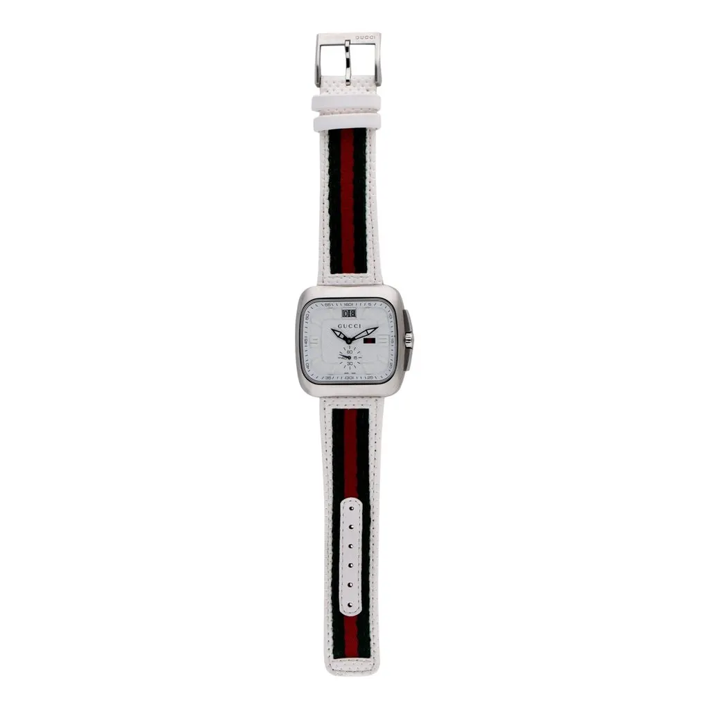 Gucci Coupe Watch YA131303 White Dial with Web Strap White Leather Never worn - Back View