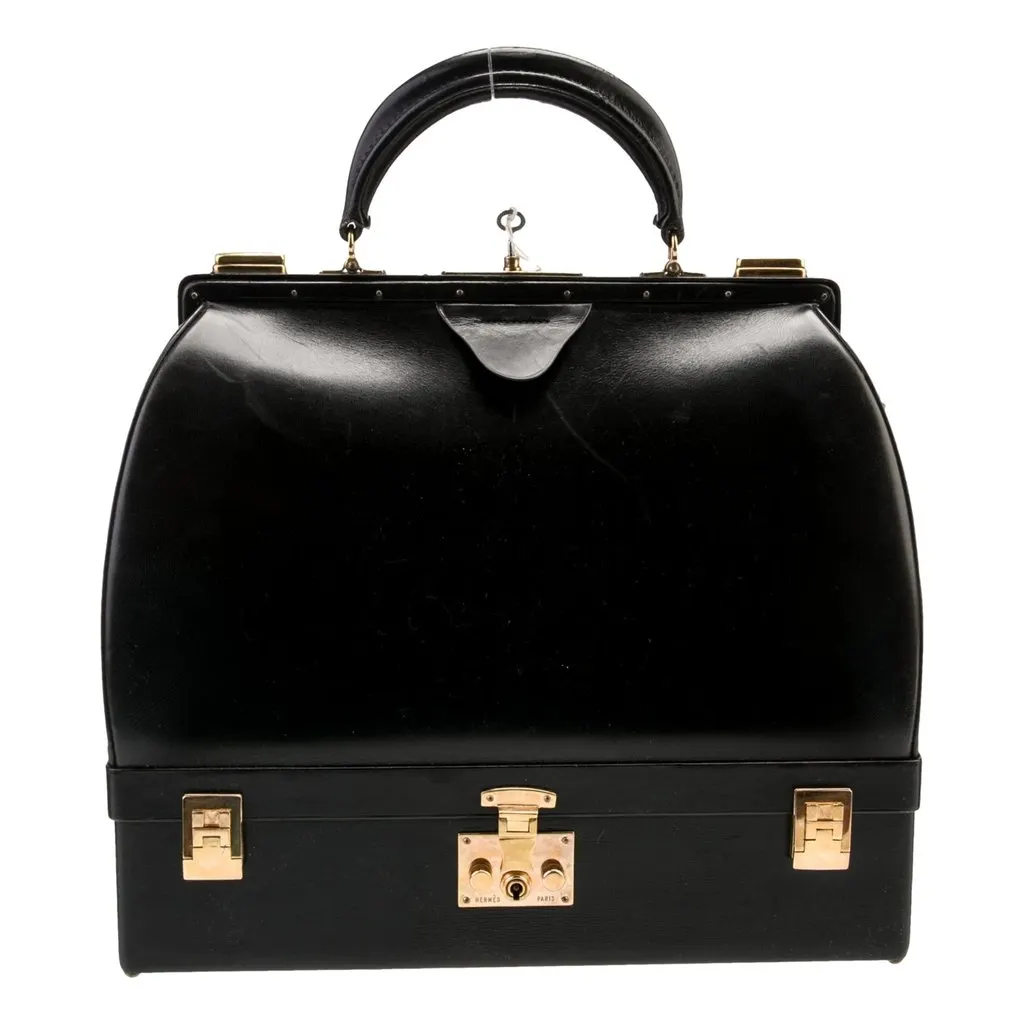 Hermès Vintage Sac Mallette Vanity Trunk Top Handle Bag Black Leather Good - Front View