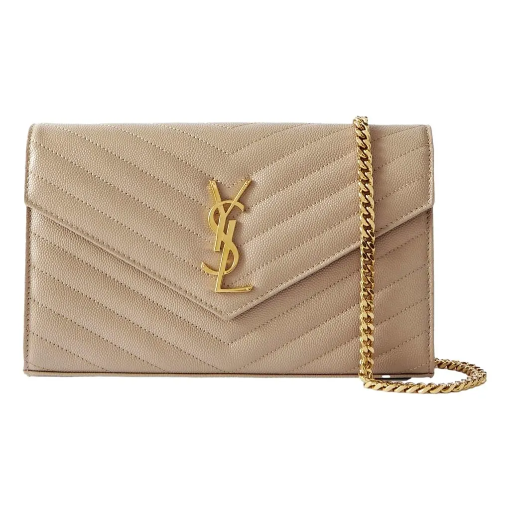 Saint Laurent Cassandre Matelassé Chain Wallet in Beige Grain de Poudre Leather Beige Leather Never worn - Front View