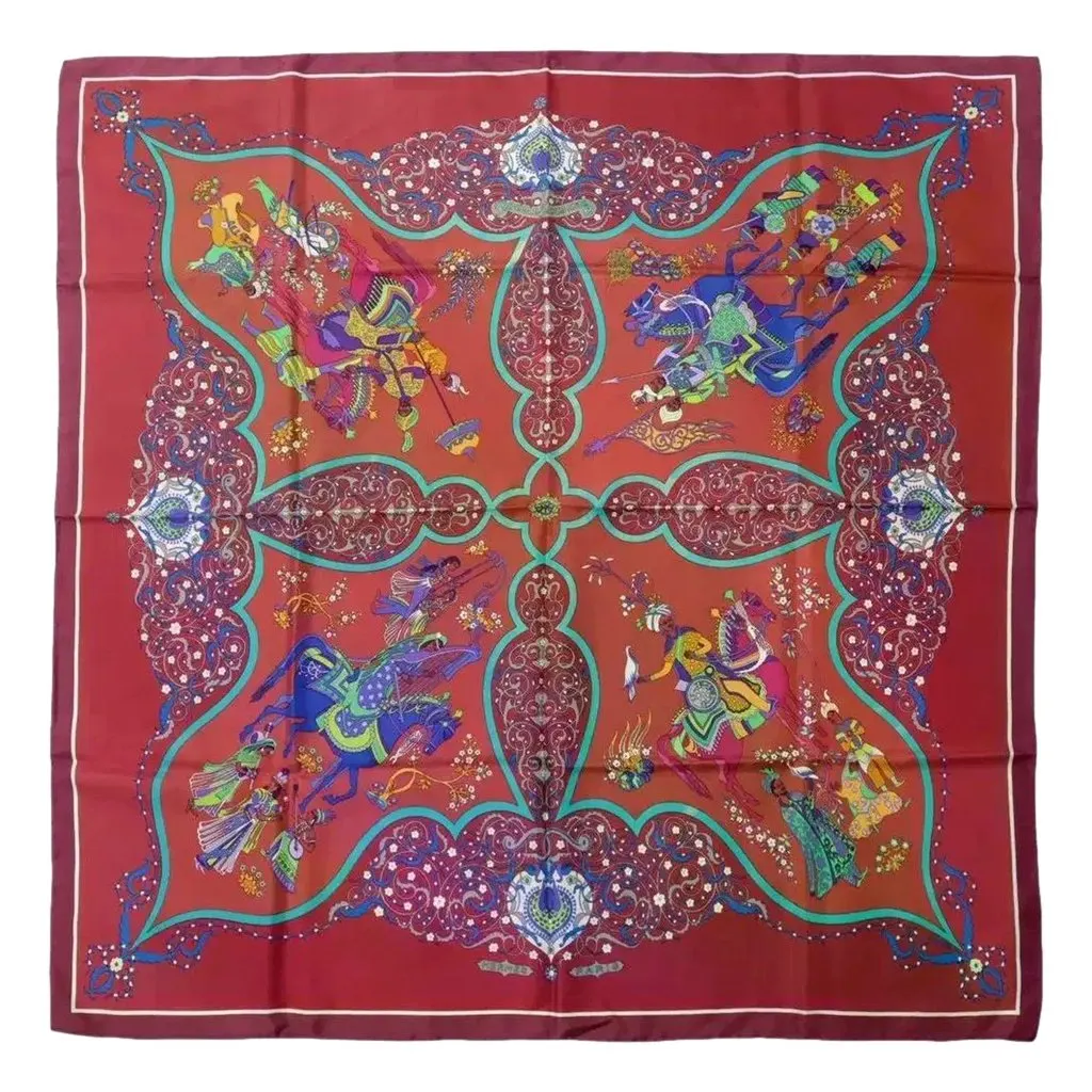 Hermès Burgundy Silk Square Scarf with Equestrian Print