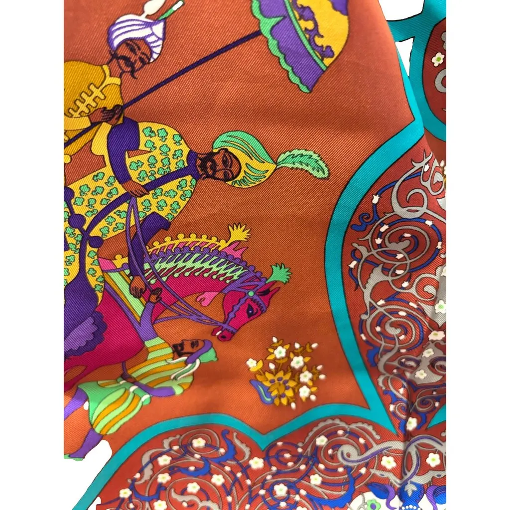 Hermès Burgundy Silk Square Scarf with Equestrian Print Burgundy Silk Good - Back View