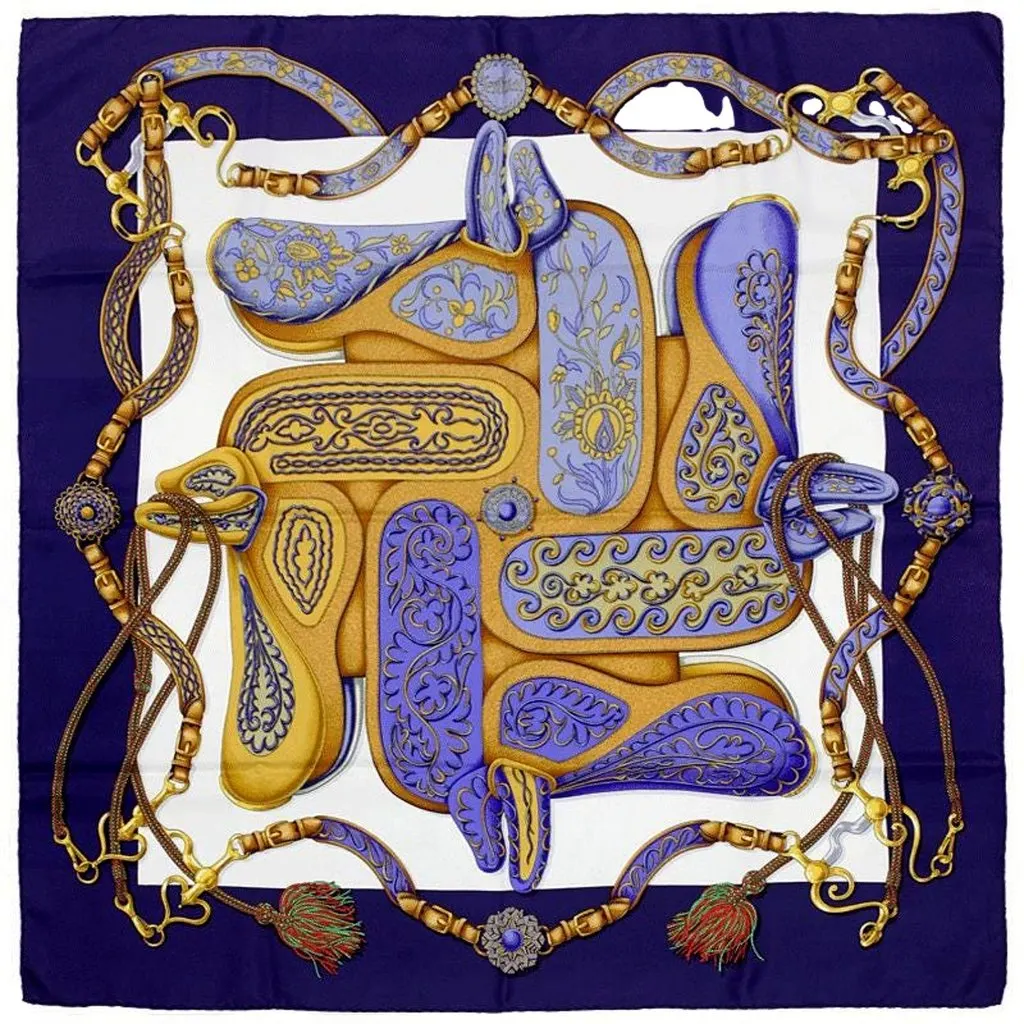 Hermès Festival Navy Blue & Gold Silk Square Scarf 90 by Henri d'Origny