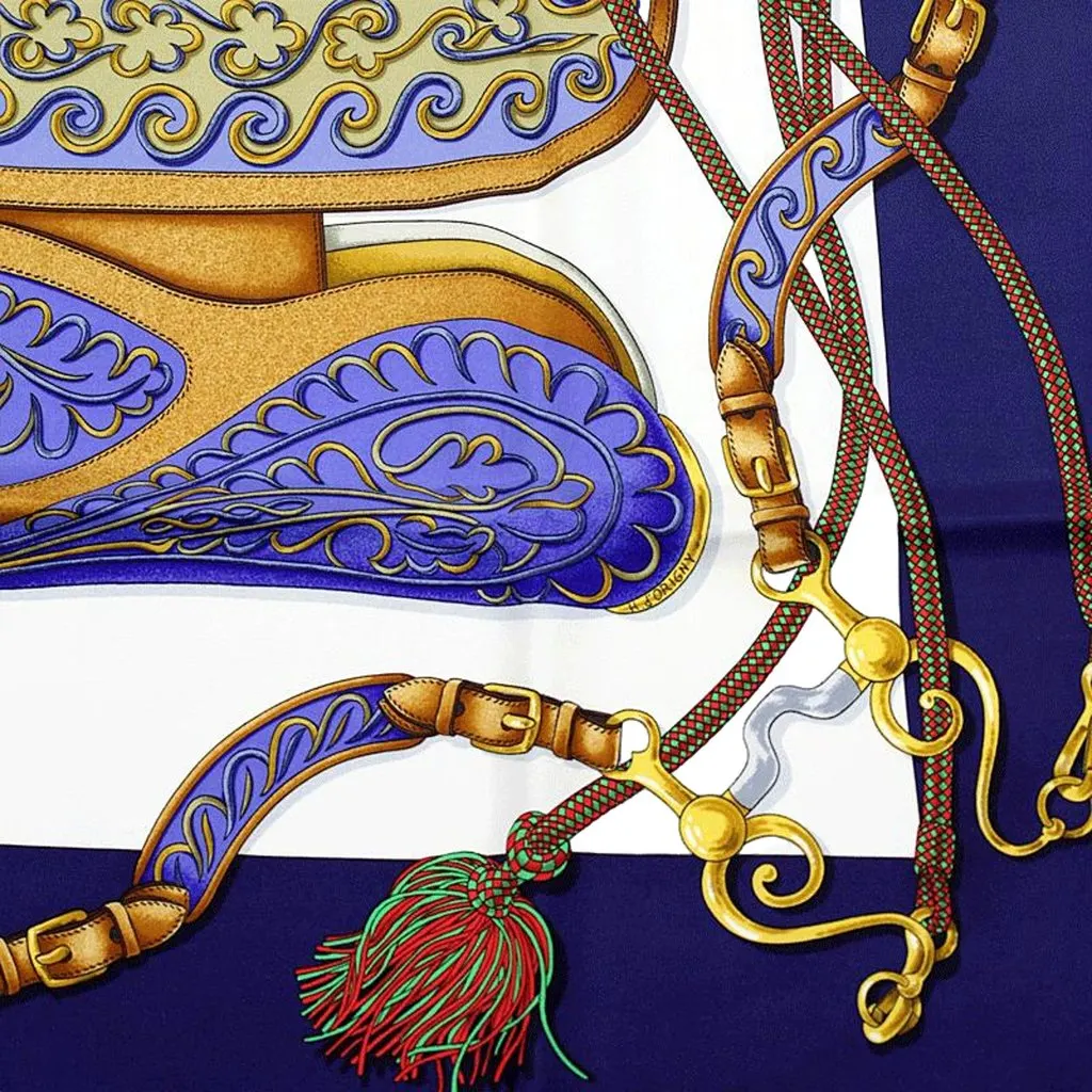 Hermès Festival Navy Blue & Gold Silk Square Scarf 90 by Henri d'Origny MultiColor Silk Good - Back View