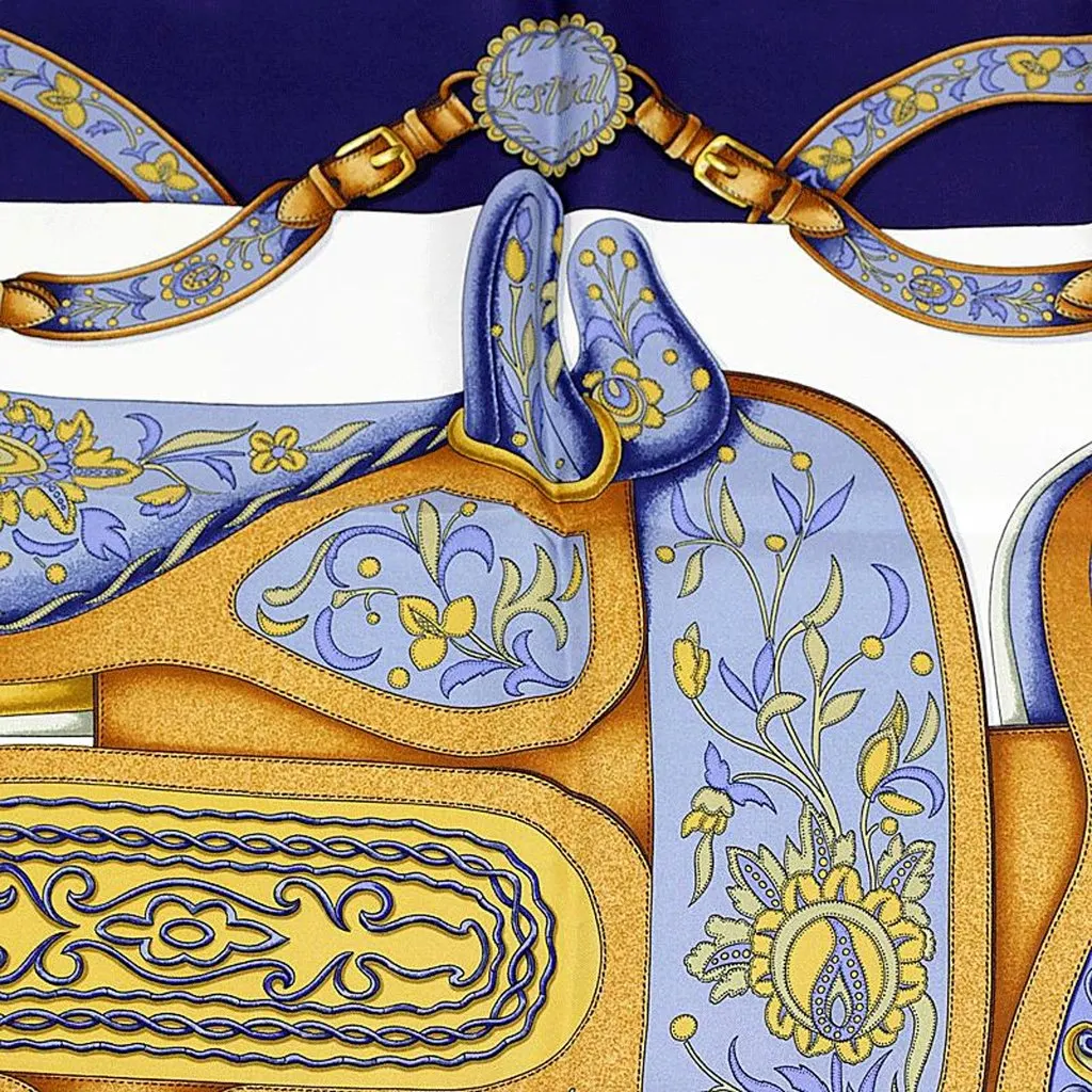 Hermès Festival Navy Blue & Gold Silk Square Scarf 90 by Henri d'Origny MultiColor Silk Good - Inside View