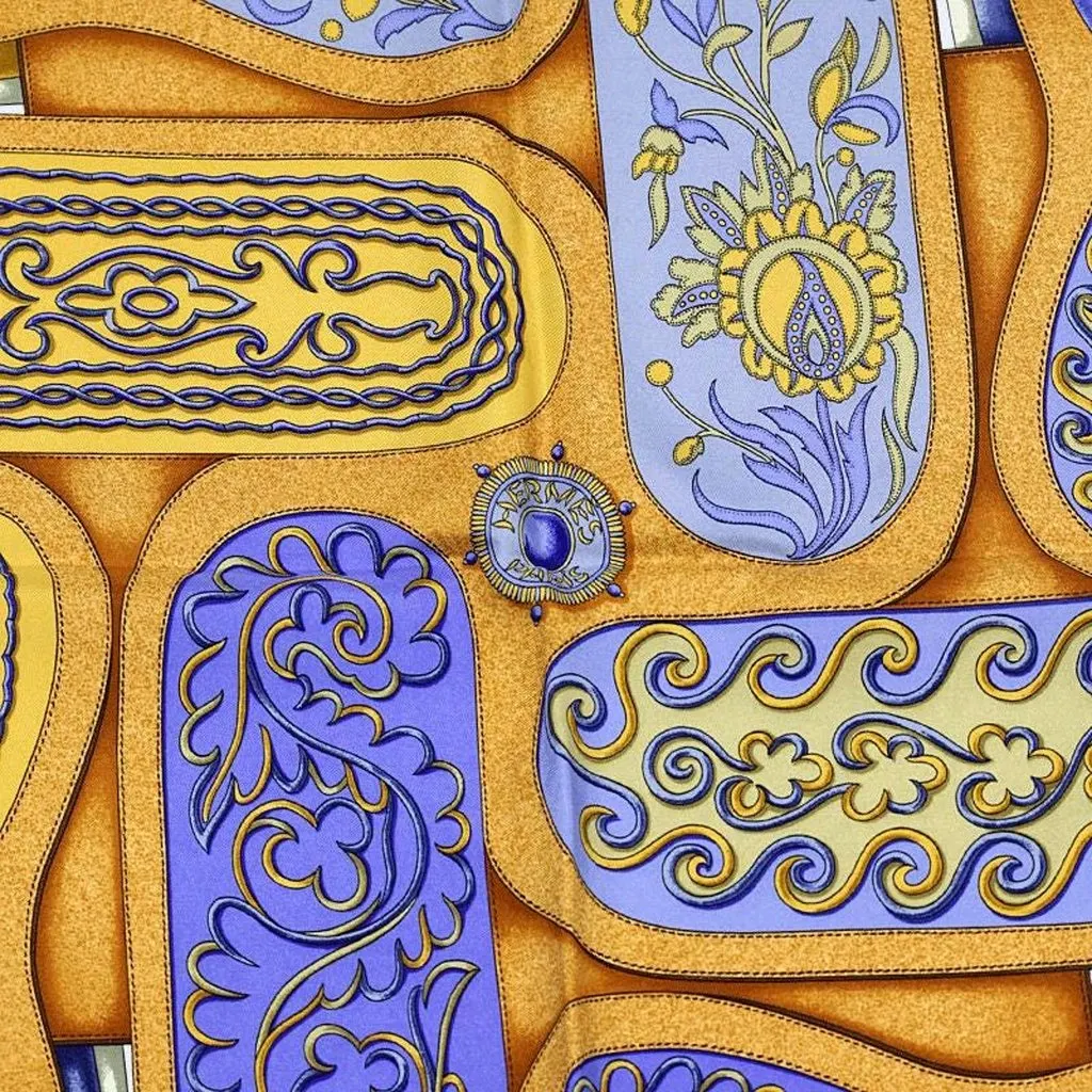 Hermès Festival Navy Blue & Gold Silk Square Scarf 90 by Henri d'Origny MultiColor Silk Good - Model View