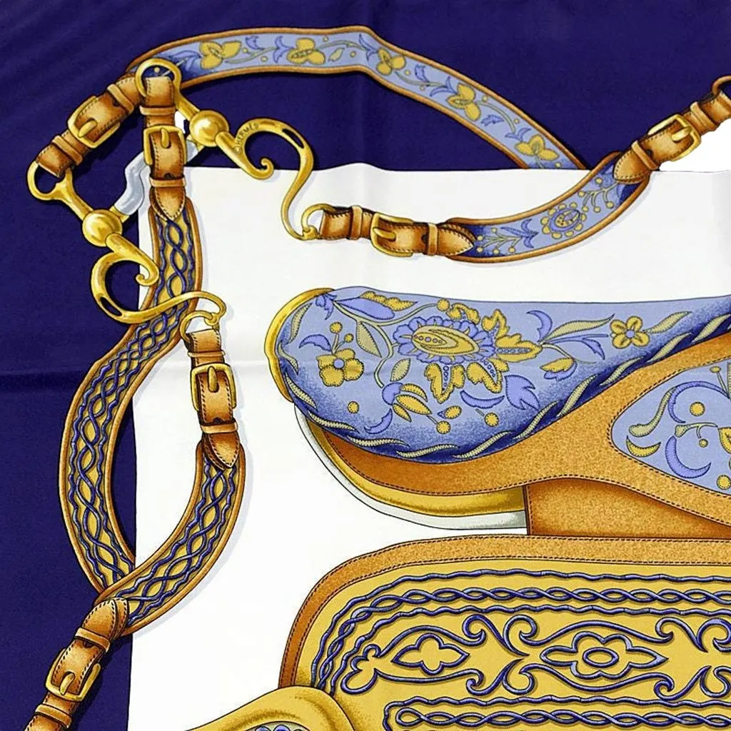 Hermès Festival Navy Blue & Gold Silk Square Scarf 90 by Henri d'Origny MultiColor Silk Good - Box View