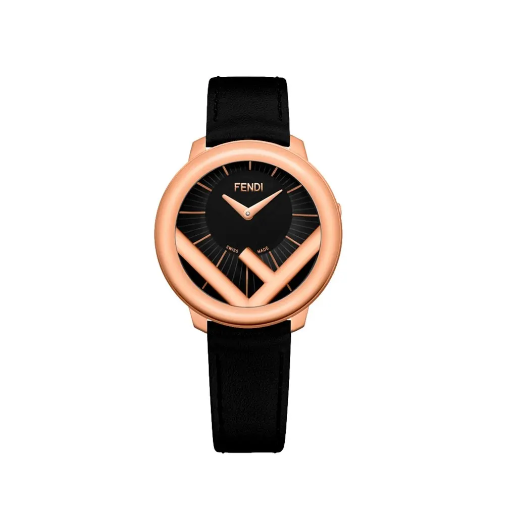 Fendi Runaway Rose Gold Black Calf Leather 36 MM Fashion Watch Gold Leather Never worn - Front View