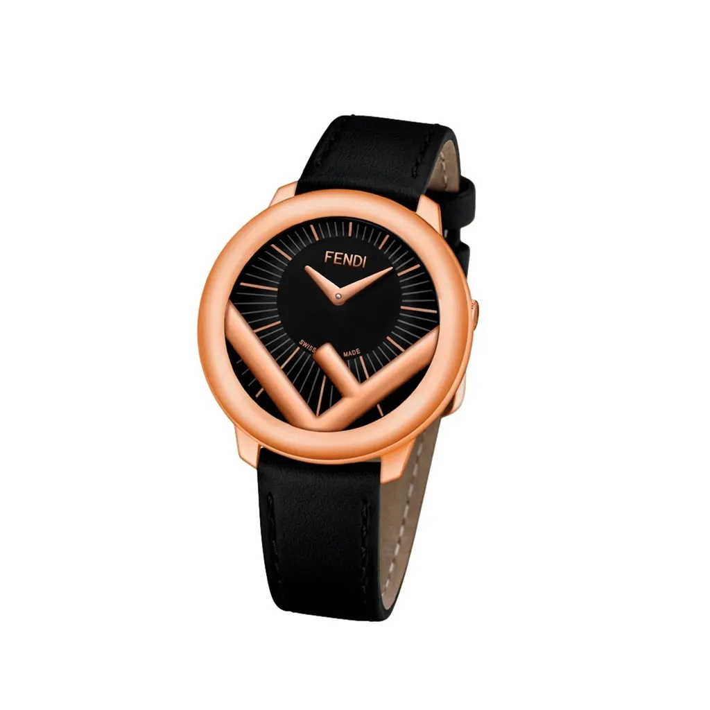 Fendi Runaway Rose Gold Black Calf Leather 36 MM Fashion Watch Gold Leather Never worn - Back View