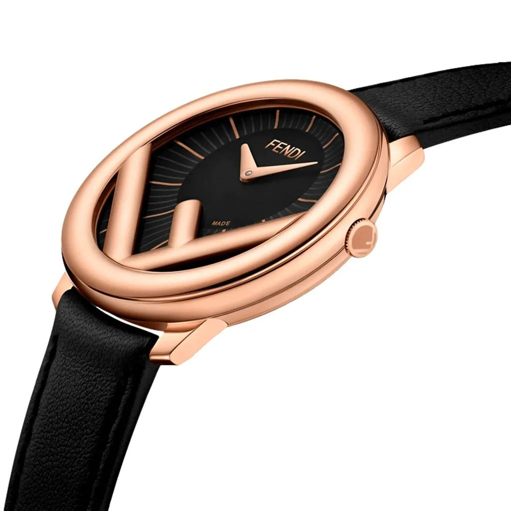 Fendi Runaway Rose Gold Black Calf Leather 36 MM Fashion Watch Gold Leather Never worn - Inside View