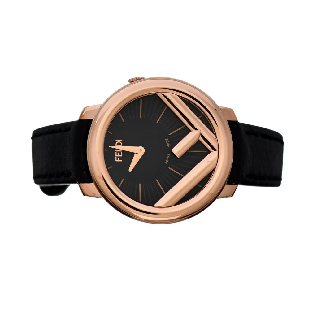 Fendi Runaway Rose Gold Black Calf Leather 36 MM Fashion Watch Gold Leather Never worn - Model View