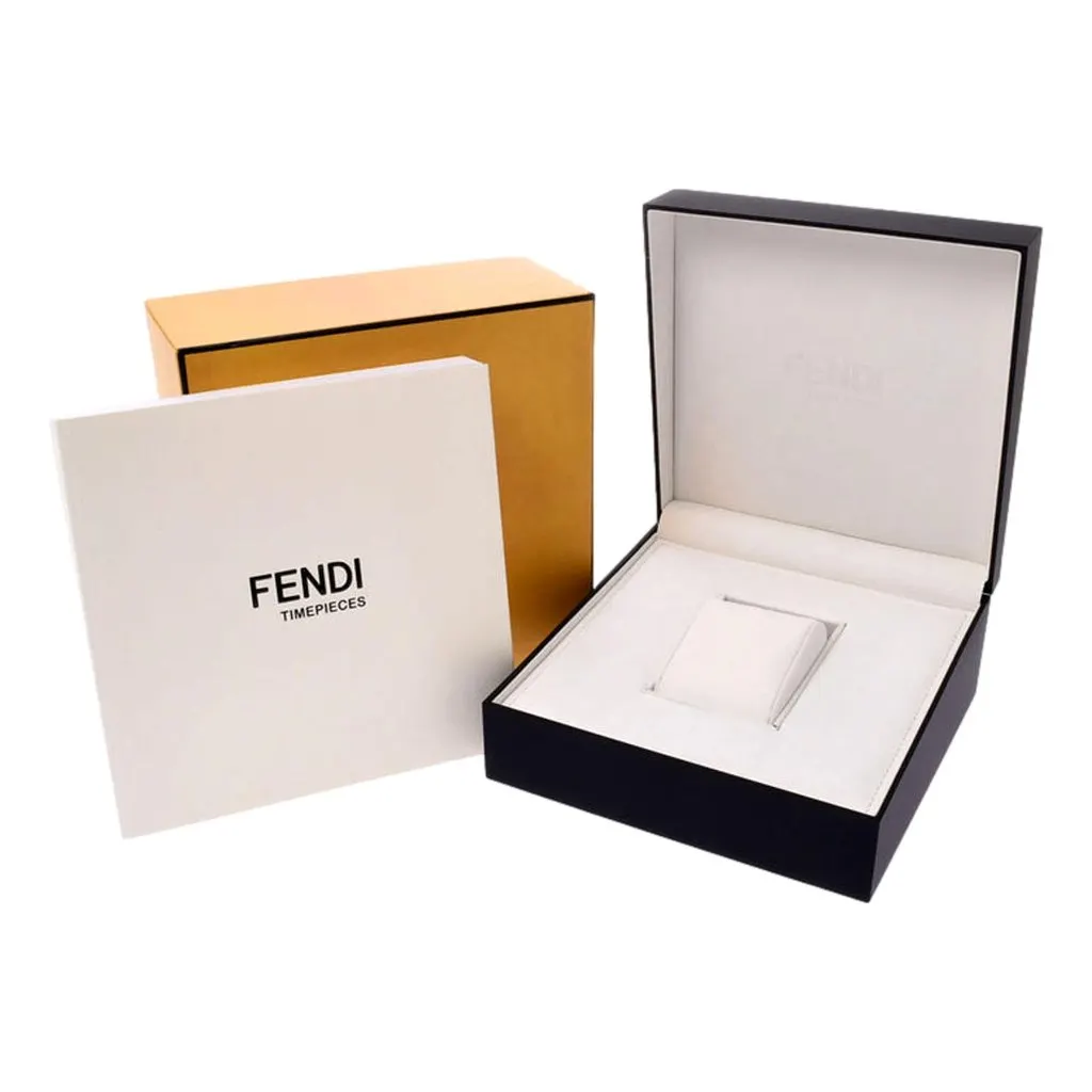 Fendi Runaway Rose Gold Black Calf Leather 36 MM Fashion Watch Gold Leather Never worn - Box View