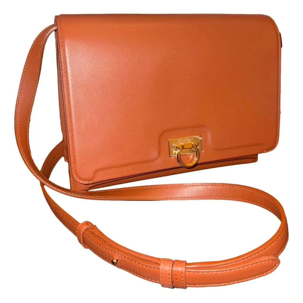 Salvatore Ferragamo Trifolio Cognac Brown Soft Leather Flap Crossbody Bag Gold Gancini Brown Leather Never worn - Back View