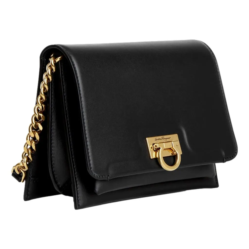 Salvatore Ferragamo Trifolio Black Leather Flap Crossbody Bag Gold Gancini Designer Black Leather Never worn - Back View