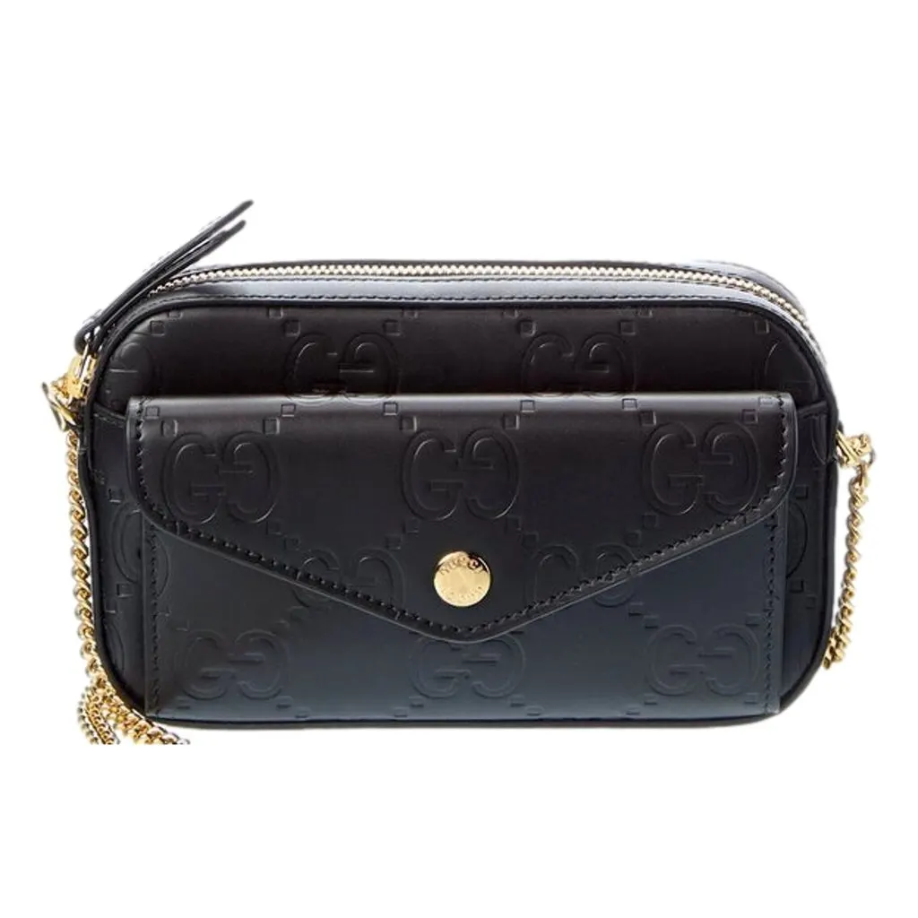 Gucci Gilbert Black Guccissima Leather Double Zip Camera Crossbody Bag Gold Chain Black Leather Never worn - Front View