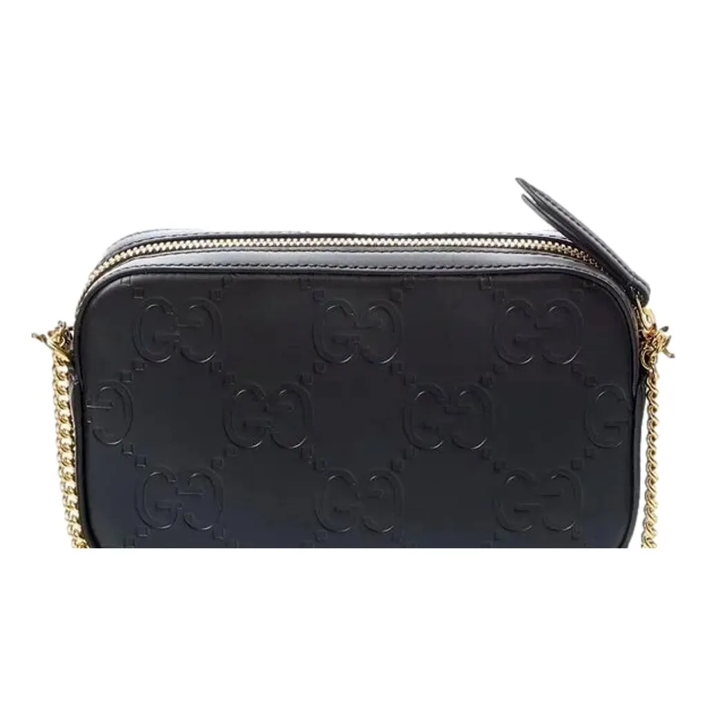 Gucci Gilbert Black Guccissima Leather Double Zip Camera Crossbody Bag Gold Chain Black Leather Never worn - Back View