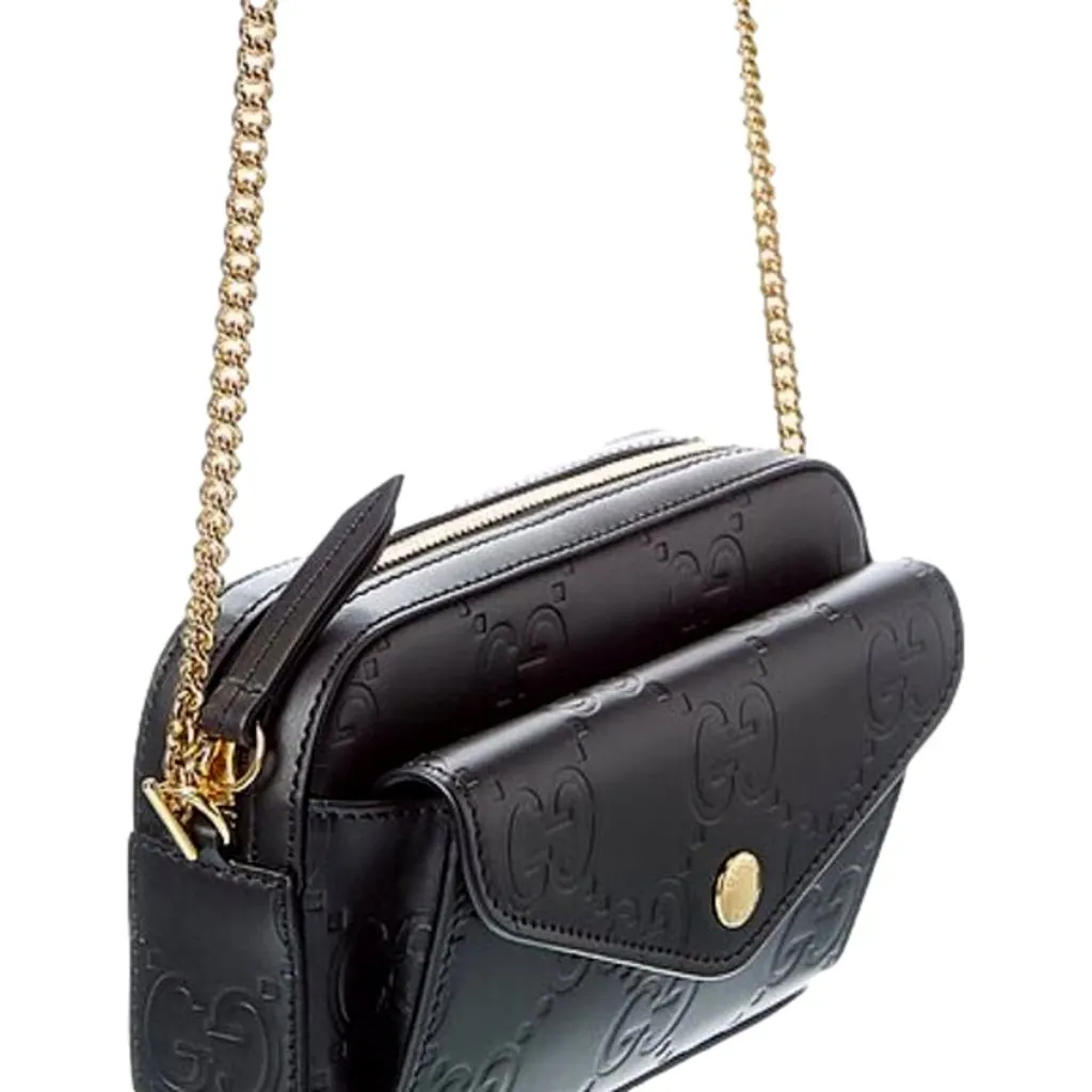 Gucci Gilbert Black Guccissima Leather Double Zip Camera Crossbody Bag Gold Chain Black Leather Never worn - Inside View