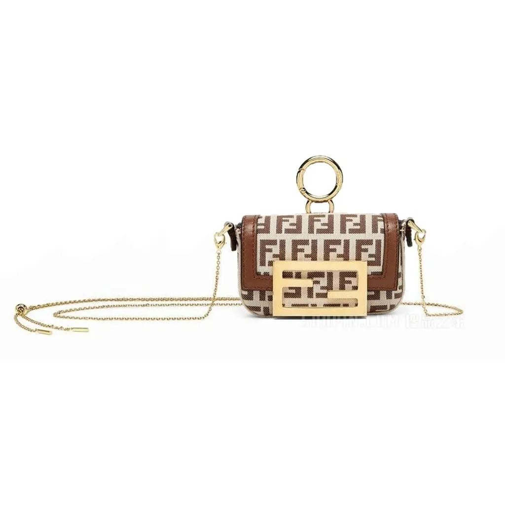 Fendi FF Canvas Nano Baguette Charm Crossbody Bag Brown White Gold Hardware Brown Leather Never worn - Front View