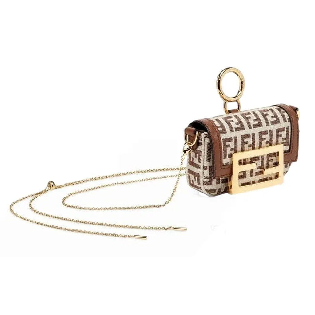 Fendi FF Canvas Nano Baguette Charm Crossbody Bag Brown White Gold Hardware Brown Leather Never worn - Inside View